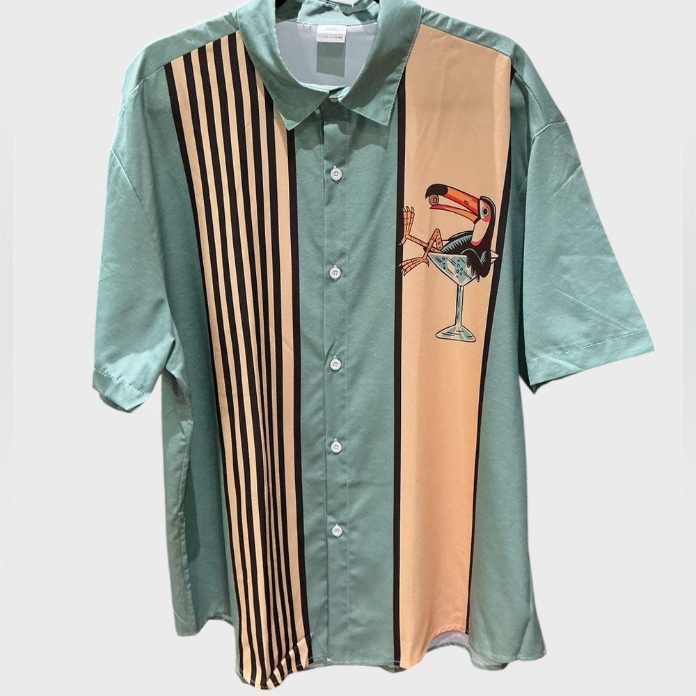 Men’s Cuban Collar Shirt XXL Sage Tan Martini Graphic Retro Camp Vacation